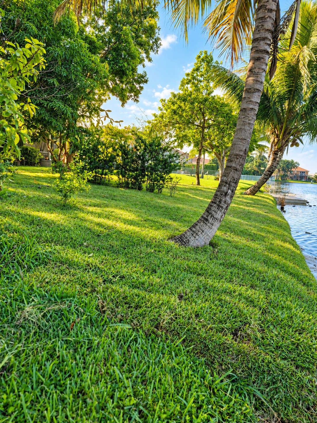 Lush grass shoreline with tropical palm trees beside a South Florida lake